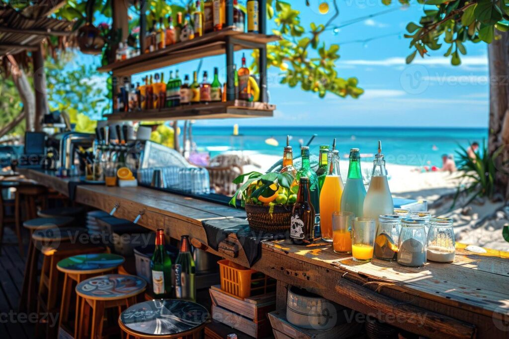 Beach Bar With A Stunning Ocean View On A Sunny Day The Counter Is Adorned With Various Colorful Drinks And Fresh Ingredients Creating A Perfect Tropical Vibe For Relaxation And Enjoyment Photo