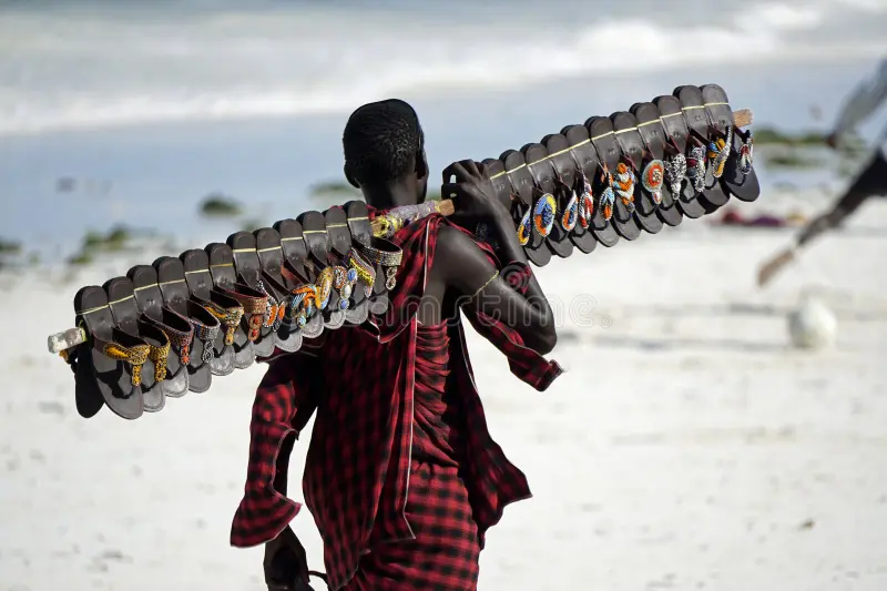 Paje Zanzibar October Massai Man Selling Sandal Beach Paje Zanzibar October Massai Man Selling Sandals Beach 343366886